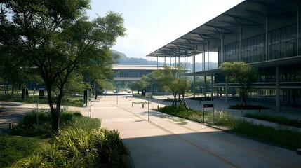 Fototapeta premium Modern Building Campus with Green Trees and Pathways