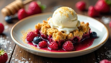 Honey and Berry Crumble with Vanilla Ice Cream, honey, berries