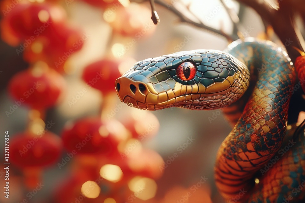Poster a close-up shot of a snake coiled on a tree branch, emphasizing its texture and pattern