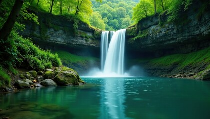 Emerald waterfall cascades into a serene lake, greenery, serenity, nature