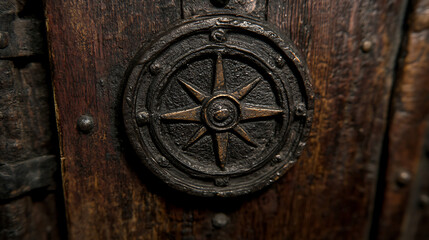 Fototapeta premium Antique Wooden Door Adorned with Metal Compass Design Featuring Aged Texture and Historical Charm