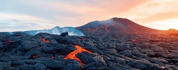 Obraz premium Volcanic landscapes concept. Majestic volcano landscape with flowing lava and dramatic sunset sky.