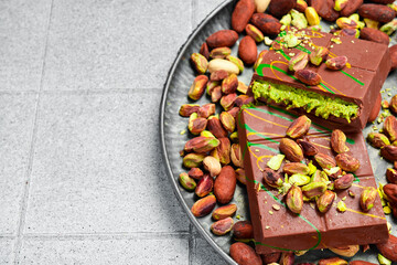 Dubai chocolate with pistachio paste and kataifi dough. Free space for text.