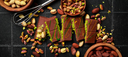 Trend Dubai chocolate with pistachio paste and kataifi. Pistachios, cocoa beans and chocolate. Top view, on a black stone background.