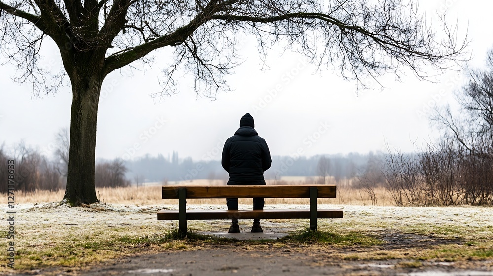 Aufkleber A lone man sits on a bench in a winter landscape surrounded by bare trees and snow : Generative AI