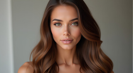 Naklejka premium Gorgeous model with sleek long shiny brown hair Keratin treatment care and spa for a sleek style