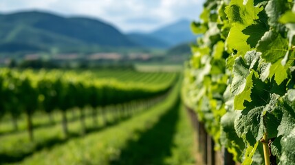 Fototapeta premium Vibrant vineyard landscape with lush green grape vines extending along the tranquil hillside : Generative AI
