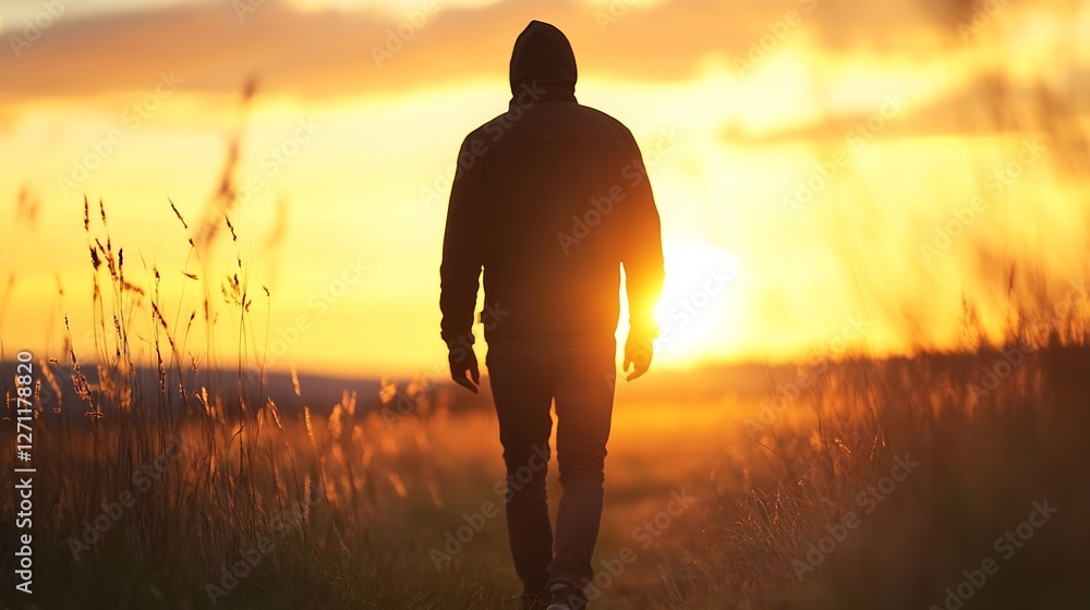 Poster Silhouette of a man walking towards a glowing sunset in an open field surrounded by nature : Generative AI
