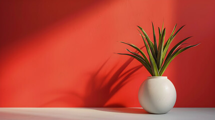 A vibrant indoor scene featuring a potted plant against a striking red wall with shadows