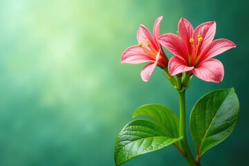 Fototapeta premium Green stem with red-veined leaves and flowers, flowers, plant