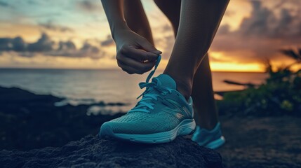Tying the Laces Before a Run on the Coast