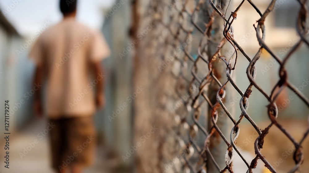Aufkleber Man Walking Along a Rusty Fence in a Quiet Urban Neighborhood Capturing a Sentiment of Solitude : Generative AI