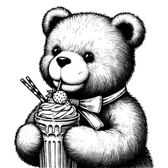 teddy bear wearing a hat and bow tie, sipping a milkshake with whipped cream and a cherry engraving generative ai sketch PNG illustration