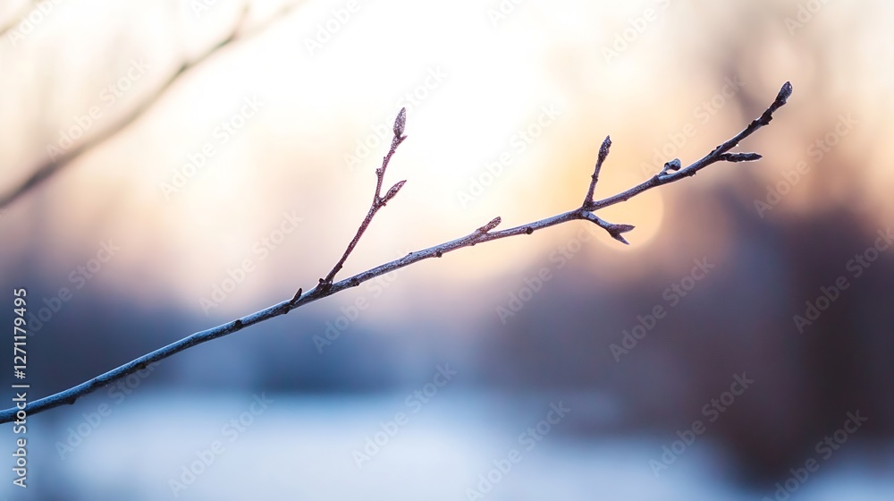 Poster delicate frosty branches in soft focus with a gentle morning glow : generative ai