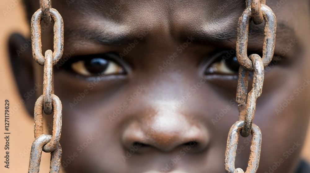 Poster intense gaze of a child peering through rusted chains with emotion and vulnerability : generative ai