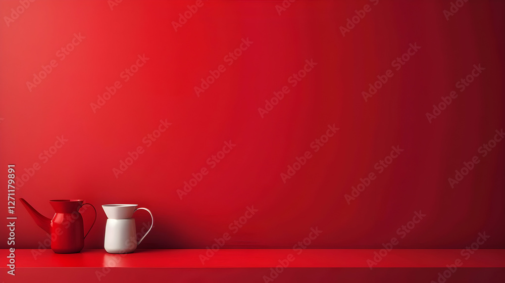 Poster two stylish pitchers on a vibrant red shelf, creating a bold aesthetic in a minimalist setting