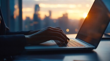 Plakat Person typing on a laptop with sunset view illuminating the city skyline in the background of the office : Generative AI