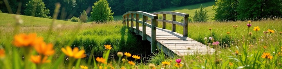 Fototapeta premium Wooden bridge in a meadow with wildflowers surrounding it, countryside, picturesque