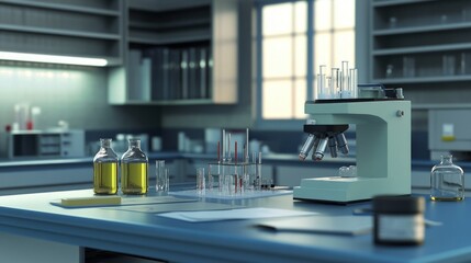 Detailed View of a Modern Laboratory Setting with Microscope and Various Equipment. A perfect blend of science and innovation.