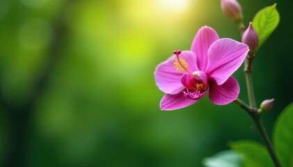 Obraz premium A slender green stem supports an orchid bloom high up in the tree's canopy, hibiscus, blooming flowers, garden