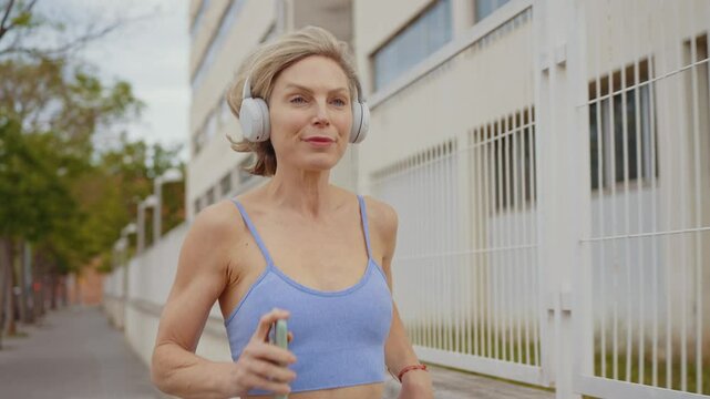 Fit senior woman doing sport outdoor in an urban area. Concept about healthy lifestyle, and aging in a positive good way.