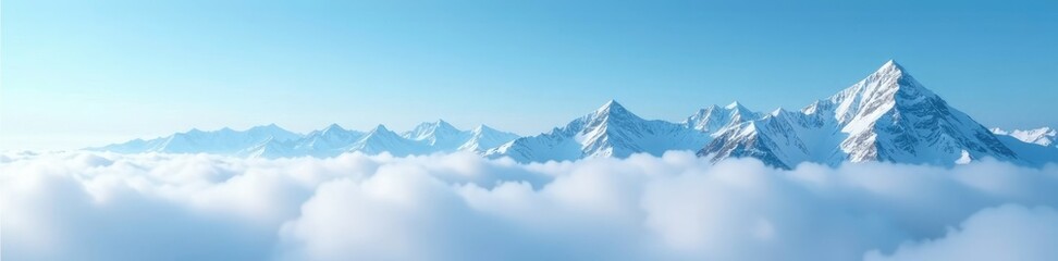 Fototapeta premium Ethereal snow-capped peaks blend into a boundless blue sky amidst ethereal mist, blue, snow, sky