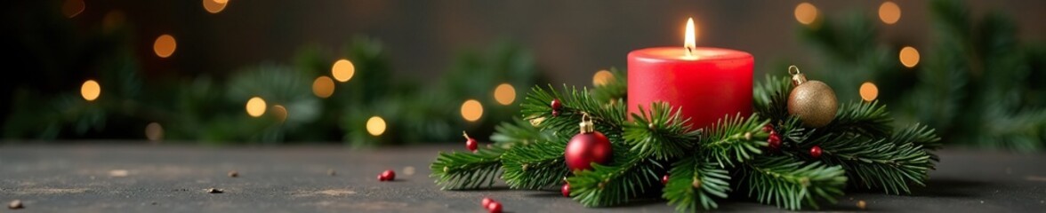 Evergreen wreath-shaped candle with ornaments and garland, garland, holiday