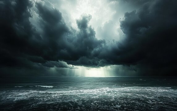A powerful storm rolling in over the ocean, dark clouds swirling