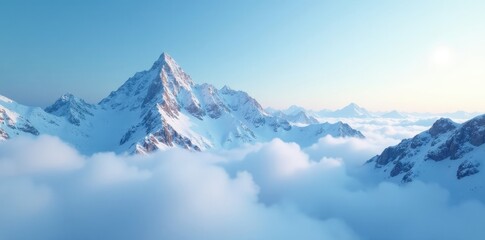 Ethereal snow-capped peaks blend into a boundless blue sky amidst ethereal mist, sky, ethereal