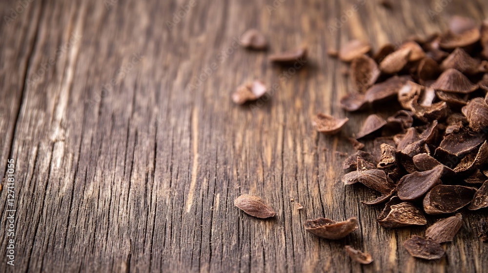 Poster Ground Cocoa Beans on Rustic Wooden Surface for Baking or Culinary Use : Generative AI