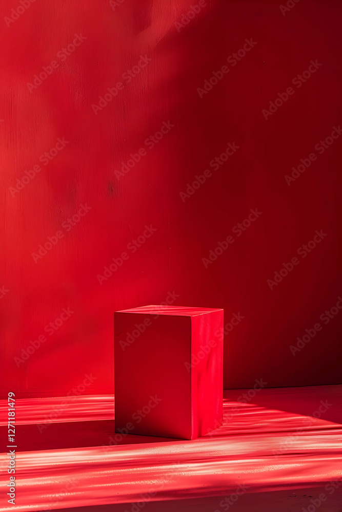 Aufkleber minimalist red cube on a vibrant red background with soft shadows creating depth