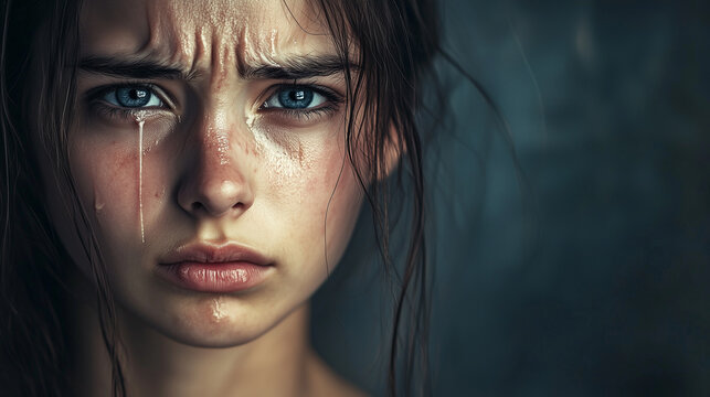 A young woman with tear-streaked cheeks, her expression frozen in a moment of deep sadness