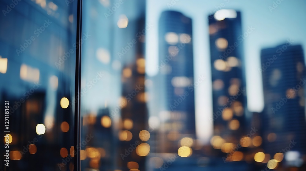 Poster blurred urban night city lights with shimmering bokeh effects from tall buildings in modern skyline 
