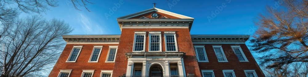 Poster a historic red brick building with a clock tower in the center, suitable for use as a backdrop or la