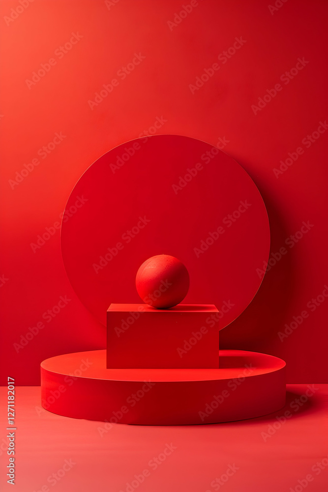 Poster abstract composition featuring geometric shapes in various red tones, creating a vibrant visual effe