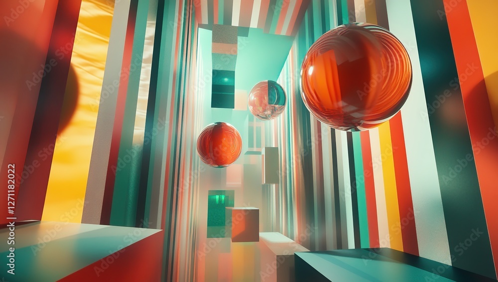 Poster abstract colorful striped room with floating spheres: a surreal 3d render of geometric shapes and vi