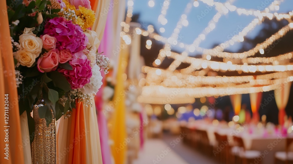 Poster charming outdoor venue adorned with vibrant flowers and string lights creating a picturesque setting