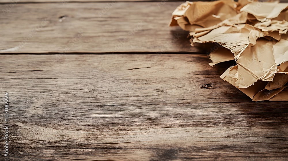 Aufkleber crumpled brown paper on a rustic wooden table offering a minimalist texture for backgrounds and craf