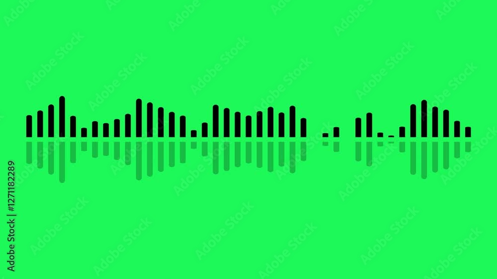 Poster digital audio waveform spectrum with reflection, sound analyzer animation isolated on green backgrou
