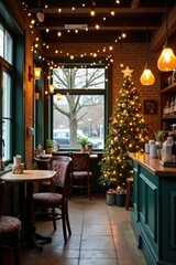 Cozy coffee shop with festive decorations and warm lighting, festive decorations, cozy coffee shop