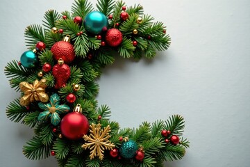 Colorful tinsel and ornaments on a seasonal evergreen wreath, season, wreath