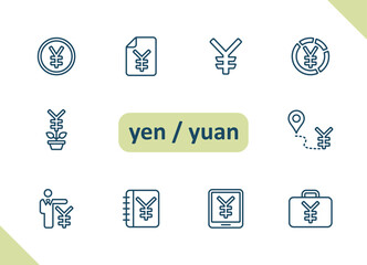 Yen, Yuan icons. Currency, Chinese, Japanese, money, payment, savings, investment vector icon set