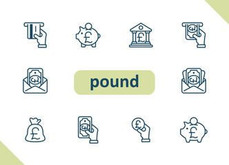 Pound icons. Money, currency, pound sterling, cash, payment, investment, savings vector icon set