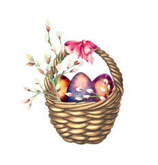 Happy Easter watercolor. A basket with Easter colored eggs and willow twigs. A festive composition.