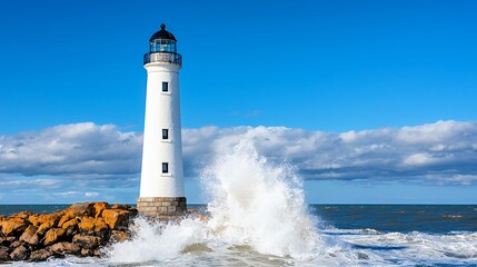 Obraz premium Lighthouse withstanding crashing waves under a vibrant blue sky, a dramatic coastal scene showcasing nature's power and beauty