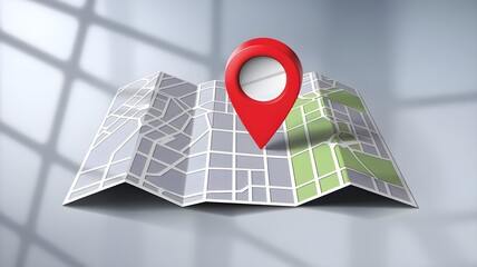 Realistic Folded Paper Map with Red Location Pin Icon – 3D Navigation, GPS, and Travel Guide Concept for Wayfinding, Direction, and Geolocation Services