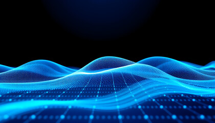 Blue digital waveform on a grid against a dark background, representing data and technology

