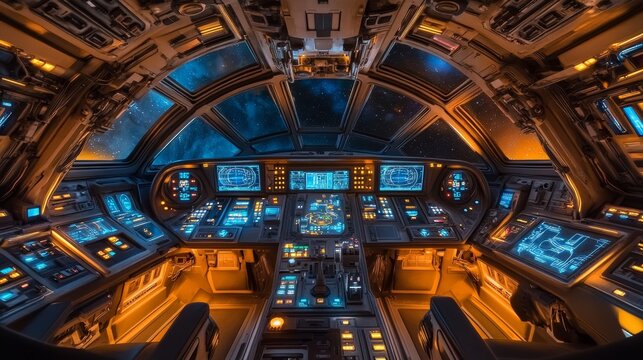 An elaborate sci-fi spaceship cockpit with multiple control panels, holographic screens, and glowing lights.