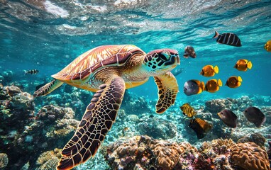 Fototapeta premium A sea turtle swimming with tropical fish around a reef