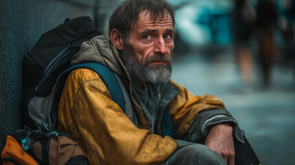 Fototapeta premium A homeless man sitting on the pavement, his face a mixture of struggle and resilience